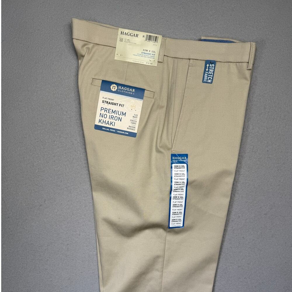 Haggar Men's Premium Super Flex Waist Straight Flat-Front Sand Pants 33x32 $80